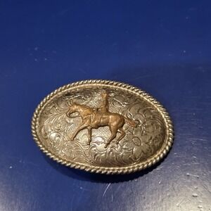 Alpaca Mexico Silver Cowboy on Horse Western Belt Buckle Oval Rope Border